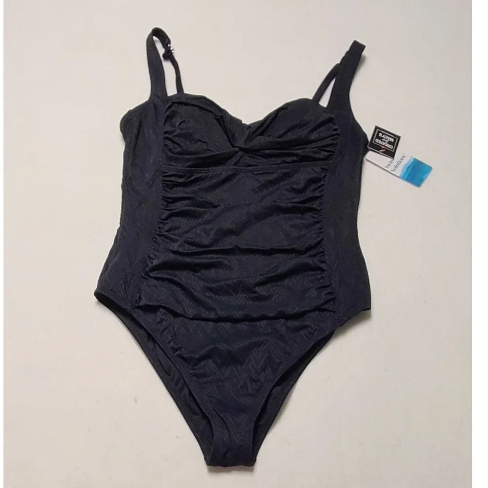 Swim Solutions Women's Black Twist Bra Shirred Mio One Piece Swimsuit 18 NEW - Picture 1 of 7